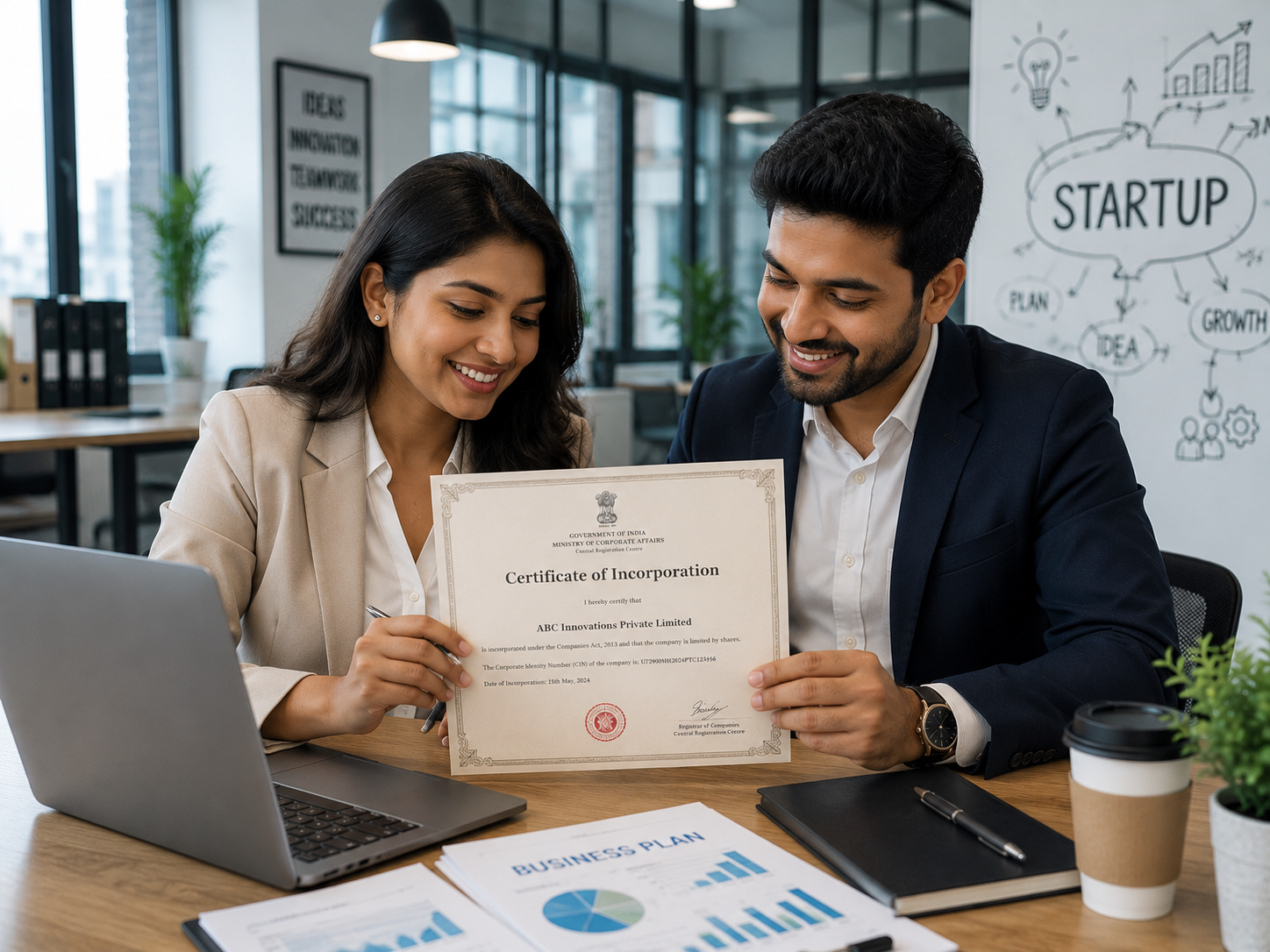 Male and female entrepreneurs reviewing a company registration certificate together with a laptop in a modern startup office.