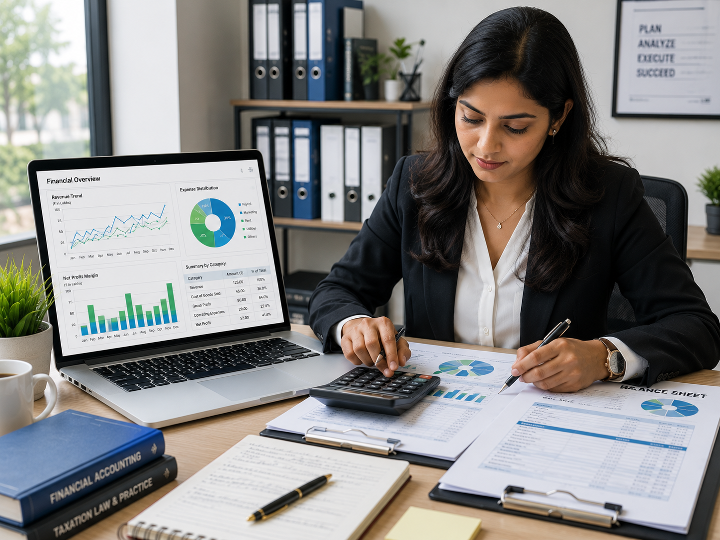 Professional female accountant reviewing financial statements with a calculator and laptop displaying financial charts in a modern office.