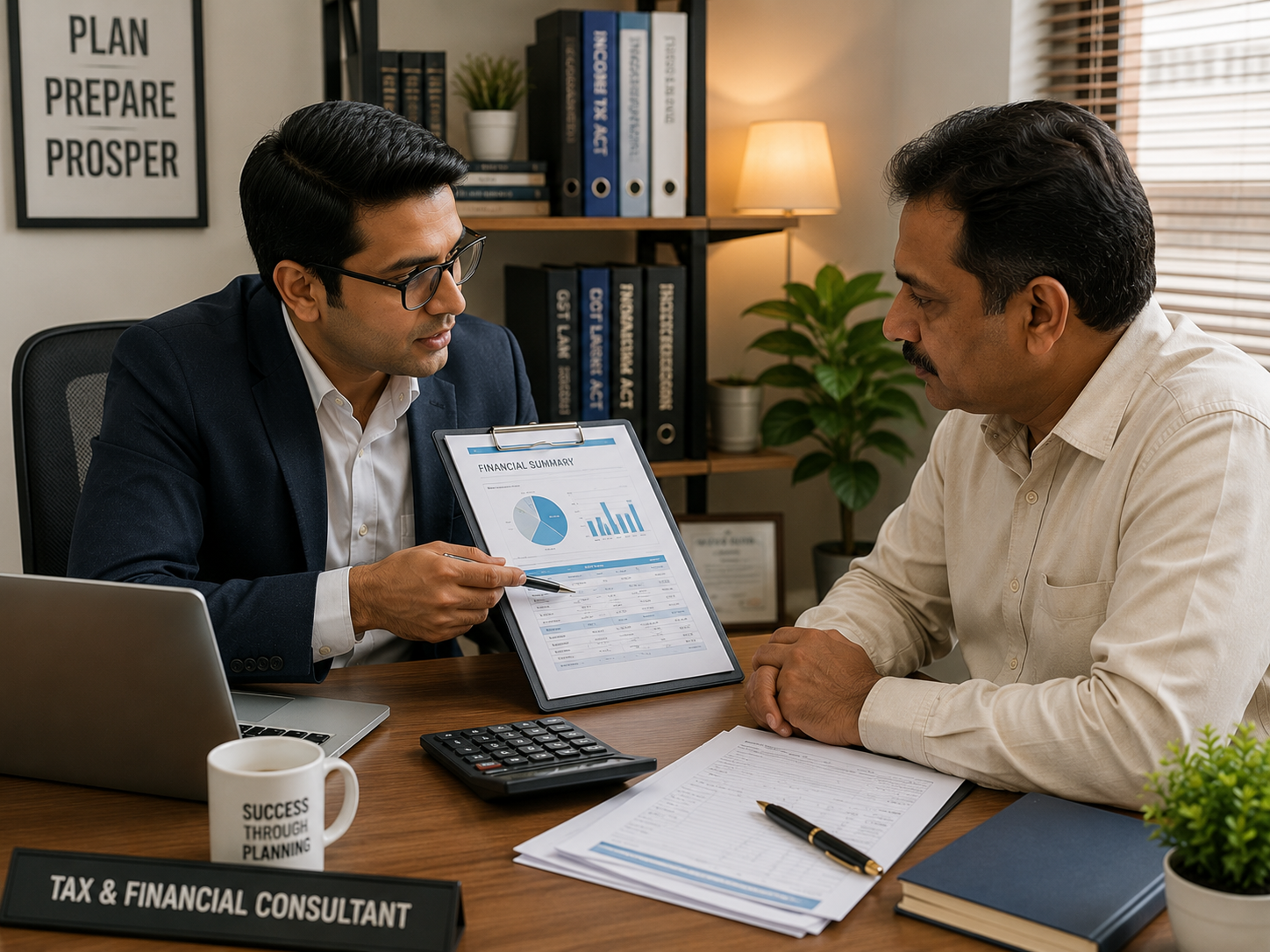 Professional financial consultant explaining a financial document to a small business owner across a desk with a calculator, paperwork, and laptop in a modern office.