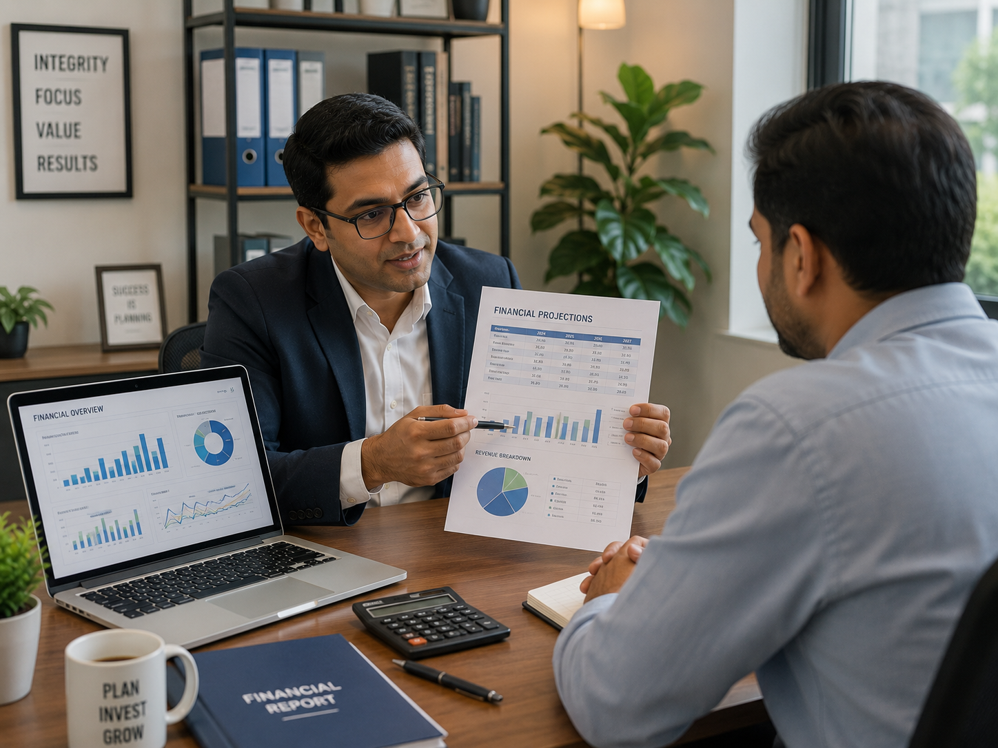 Professional financial consultant presenting a printed financial report with charts and projections to a client, with a laptop displaying business graphs in a modern office.