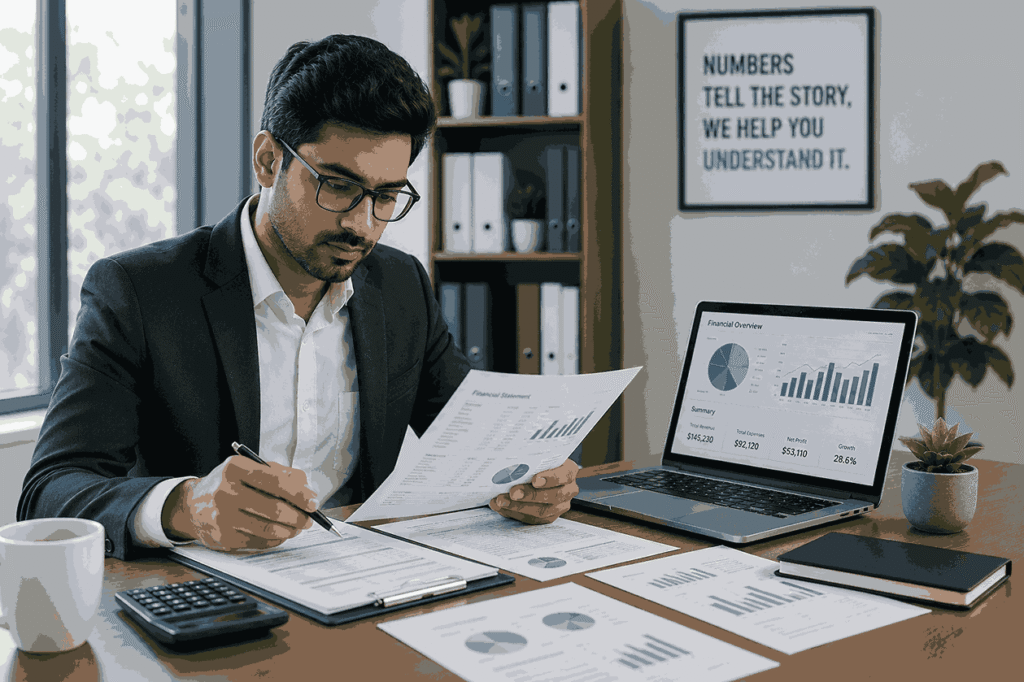 accounting & tax consultancy services Professional accountant reviewing financial documents beside a laptop displaying financial graphs in a modern office