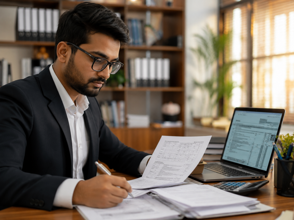 Professional Indian tax consultant reviewing income tax documents at an office desk with a laptop displaying tax forms under warm natural lighting.